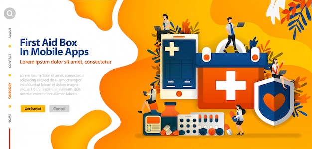 Landing page template with first aid box in the mobile application, to protect patient health and comfort vector illustration concept Premium Vector