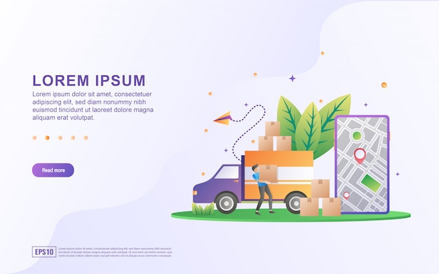 Landing page template with illustrations of shipping services throughout the city Premium Vector