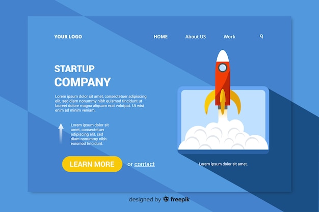 Landing page template with a rocket Free Vector