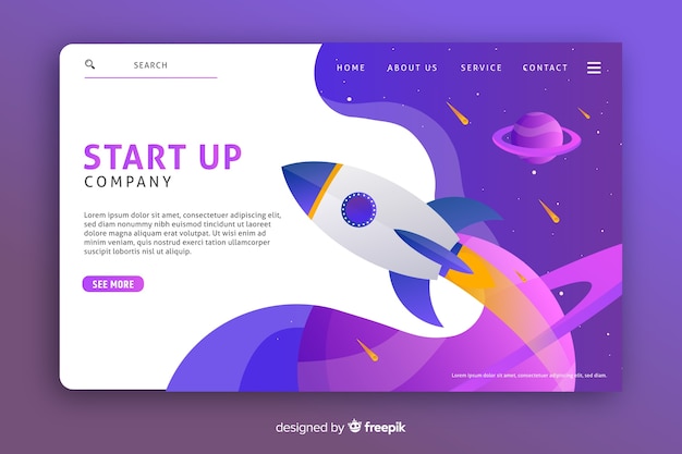 Landing page template with a rocket Free Vector