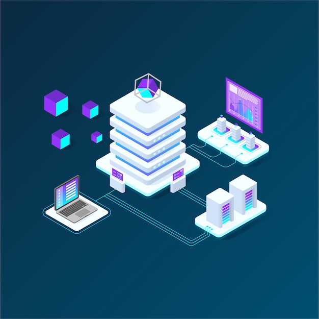 Landing page web template for cryptocurrency and blockchain isometric composition, analysts and ...