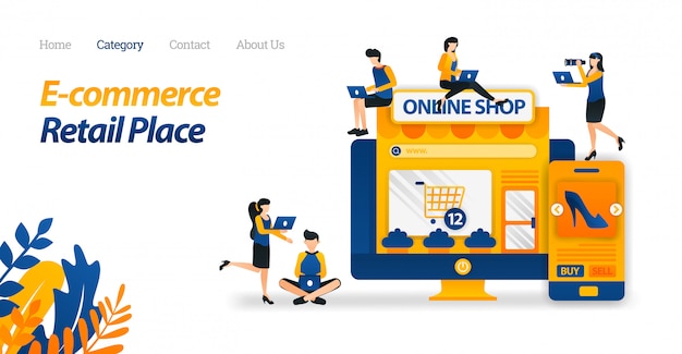 Landing page web template for e-commerce makes it easy to shop from anywhere on screen. buy lots of goods from many stores and retail. Premium Vector