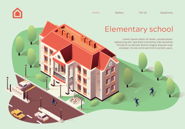 Landing page web template for elementary school cartoon. Premium Vector