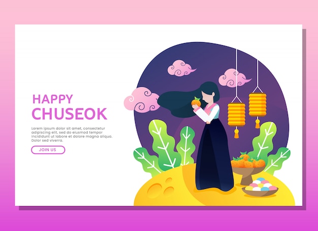 Landing page or web template. happy chuseok illustration with woman Premium Vector