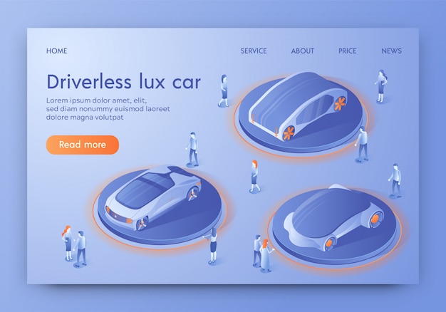Landing page web template with driverless lux car, show room exhibition Premium Vector