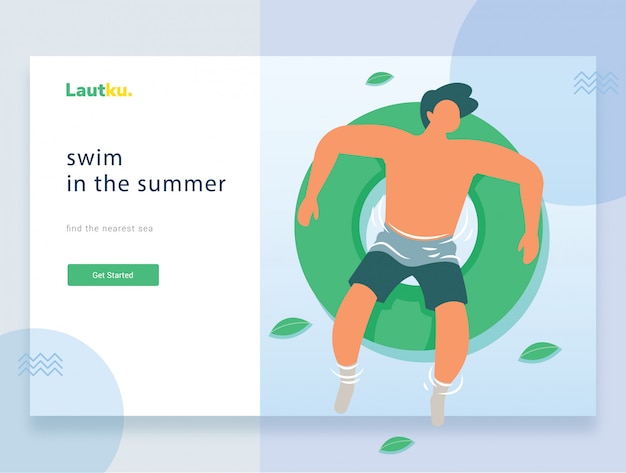 Landing page web template. young man floating on an inflatable circle in a swimming pool Premium Vector