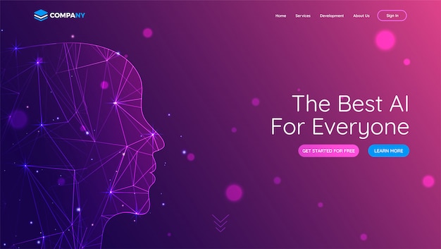 デジタルメッシュネットワークによる人間の顔を含むランディングページ プレミアムベクター