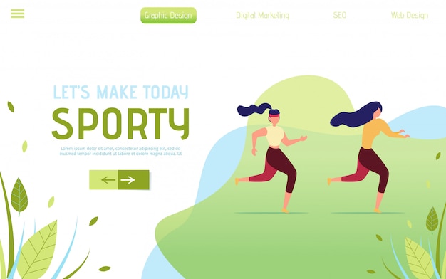 Landing page with running cartoon active people Premium Vector