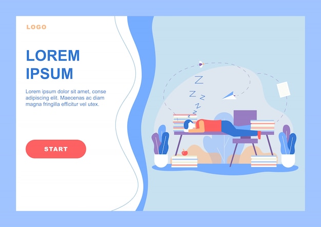 Landing page with tired man sleeps on office desk Premium Vector
