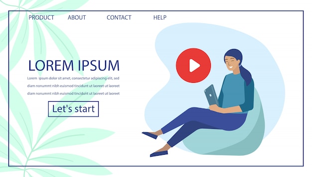 Landing page with woman use video player on tablet Premium Vector