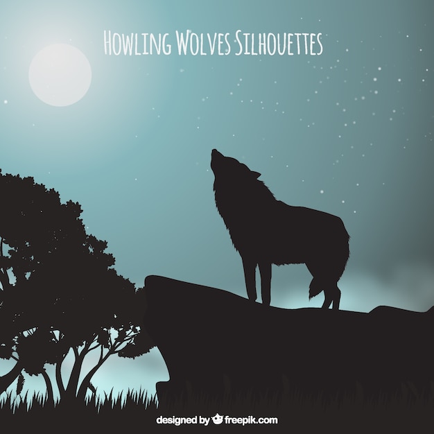 月にオオカミのオオカミと風景の背景 無料のベクター