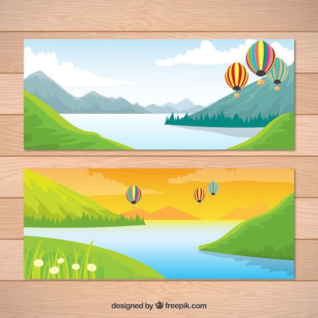 Landscape banners with lake and balloons