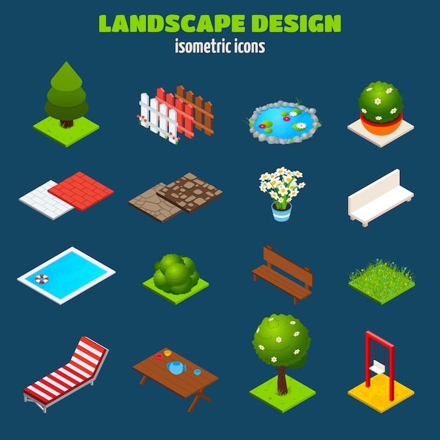 Vector Landscape Design Isometric Icons, Landscape Design Icons Free
