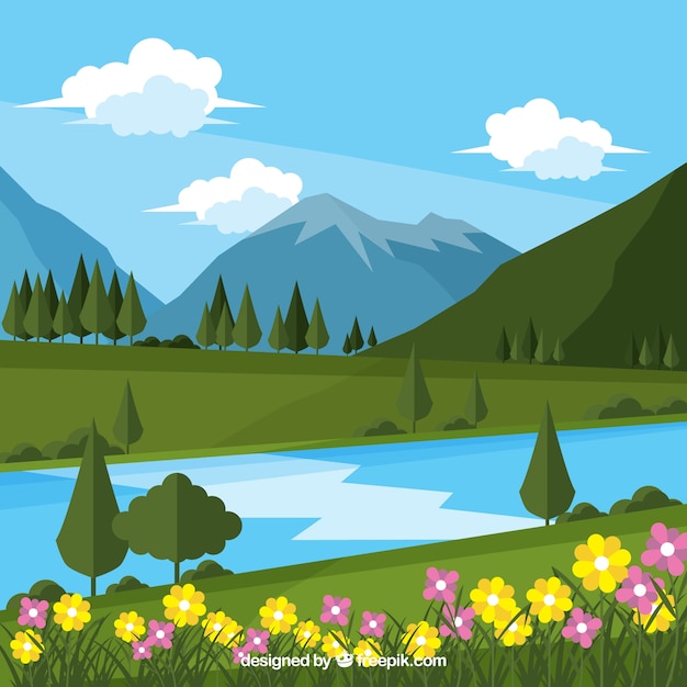 Landscape flower background and river with\
mountains