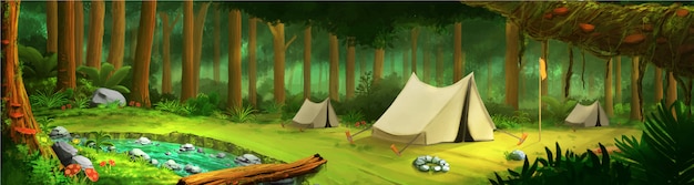 Landscape in the middle of green tropical forest with tent and river Premium Vector