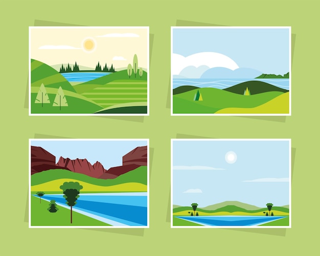 Premium Vector | Landscape nature greenery river mountains