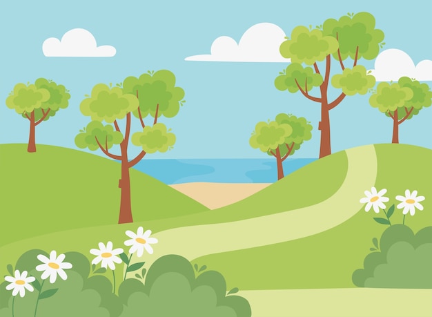 Download Premium Vector | Landscape tree path flowers field beach ...