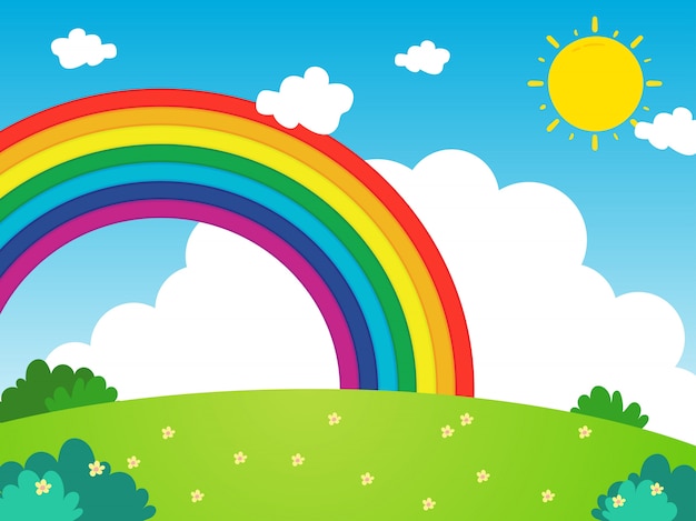 Premium Vector | Landscape with rainbow in cartoon style