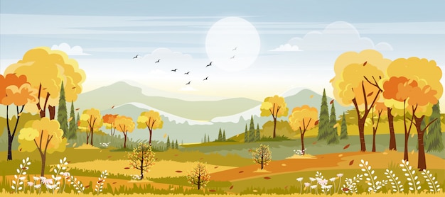 Landscapes of countryside in autumn, panoramic of mid autumn with farm field in orange and yellow foliage, panorama view in fall season Premium Vector