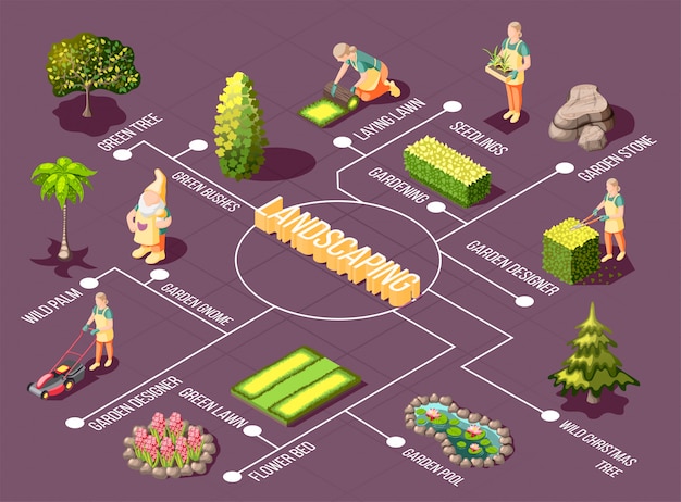 Free Vector Landscaping Isometric Flowchart With Garden Designer Green Plants And Decorations On Purple