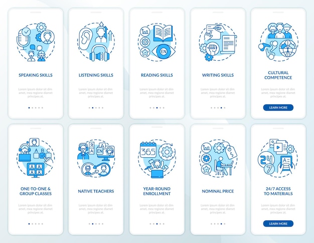 コンセプトが設定された言語学習オンボーディングモバイルアプリページ画面 英語学習オンラインコースのチュートリアル手順 Uiテンプレートイラスト プレミアムベクター