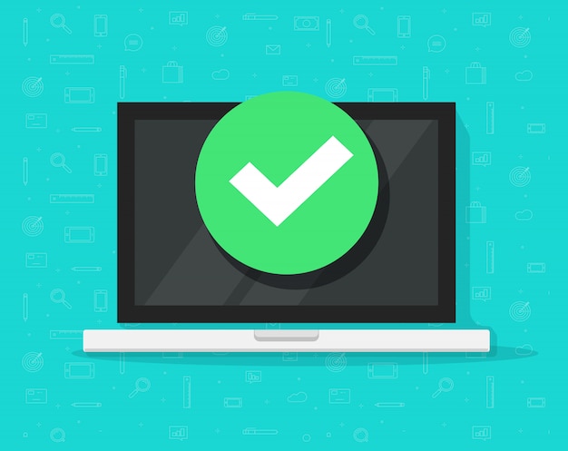 Laptop computer with checkmark or tick notification Premium Vector