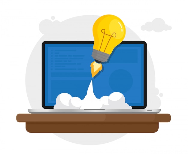 Laptop launching light bulb into space Premium Vector