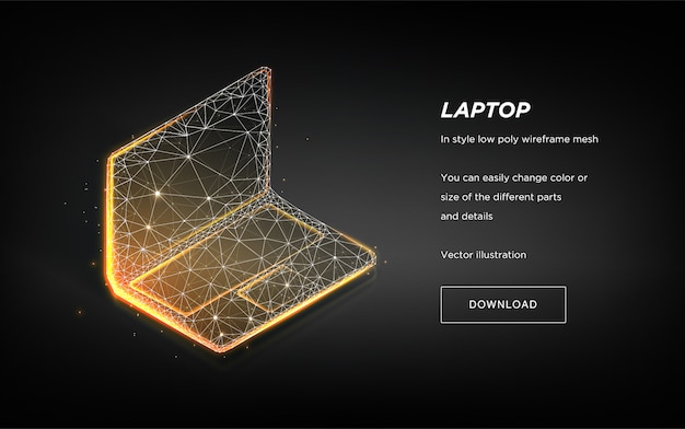 Laptop low poly wireframe on dark background. laptop hi-tech illustration. Premium Vector