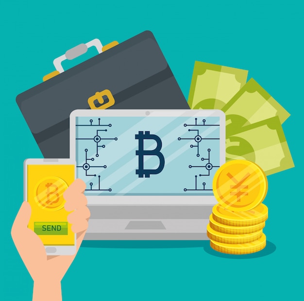 Laptop and smartphone with bitcoin currency and bills Free Vector