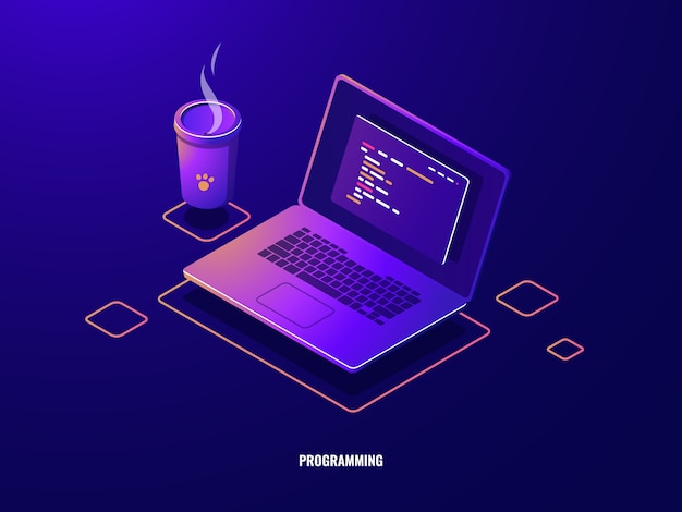 Download Free Vector | Laptop with program code isometric icon, software development and programming ...