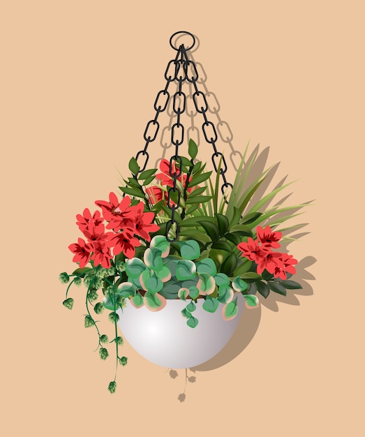 暖かい背景に分離された植木鉢に赤い花がぶら下がっているさまざまな植物の大きな美しい茂み プレミアムベクター