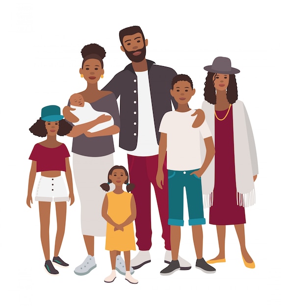 大家族のポートレート アフリカの母親 父親 5人の子供 親relativeと幸せな人 カラフルなフラットイラスト プレミアムベクター