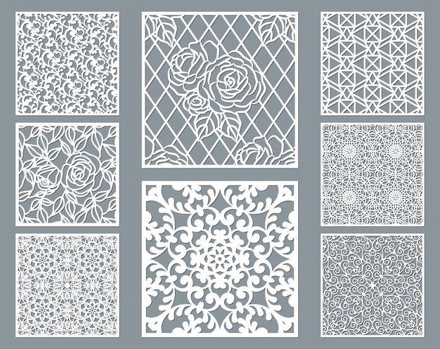 Laser cut decorative panel set with lace pattern, square ornamental templates collection. Premium Ve