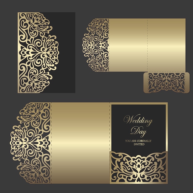 Premium Vector Laser Cut Tri Fold Pocket Envelope For Wedding Invitations Ornamental Wedding 8966