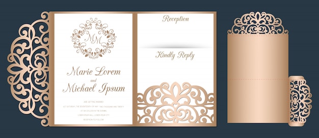 Download Laser cut wedding invitation tri fold pocket envelope ...