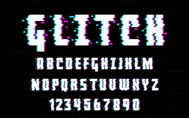 Latin alphabet. trendy style distorted glitch typeface. letters and numbers vector illustration. for your design Premium Vector