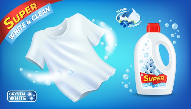 きれいな白いtシャツと液体製品パッケージ ラベル付きのプラスチックボトル 高山の新鮮な香水 イラストと洗濯洗剤の広告 プレミアムベクター
