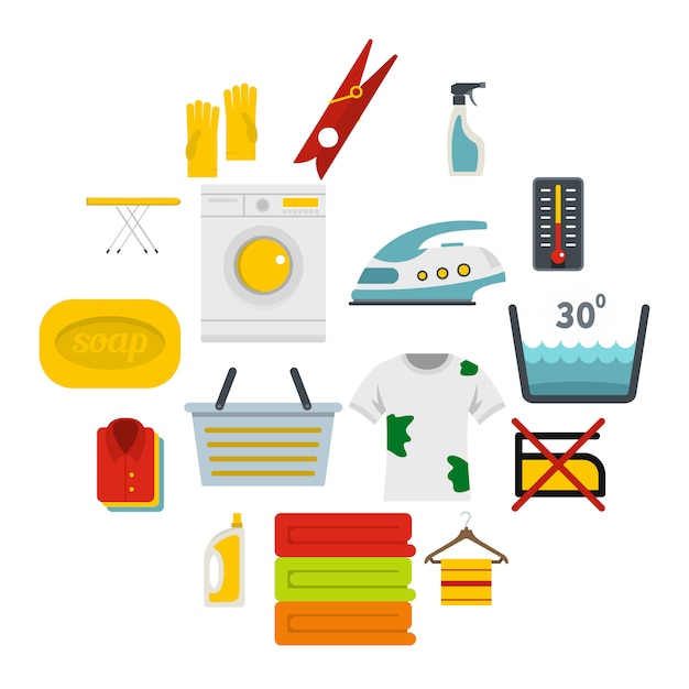 Laundry icons set in flat style Vector | Premium Download