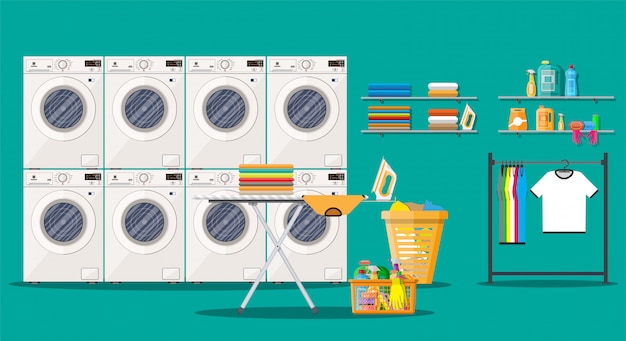 Premium Vector | Laundry room interior with washing machine