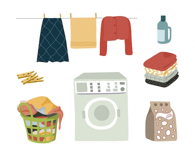 Laundry set isolated elements on white Premium Vector