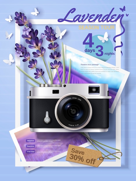 ラベンダーシーズンツアー広告 旅行代理店向けの魅力的なパッケージツアー広告 繊細なカメラと花のイラストのあるウェブサイト プレミアムベクター