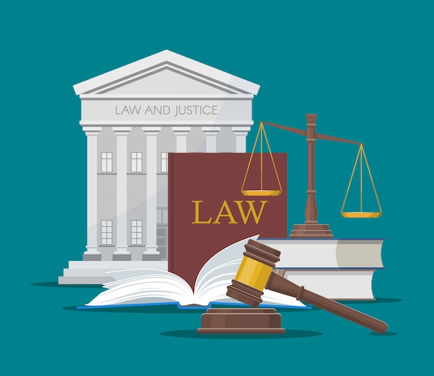 Law and justice illustration in flat style. Premium Vector