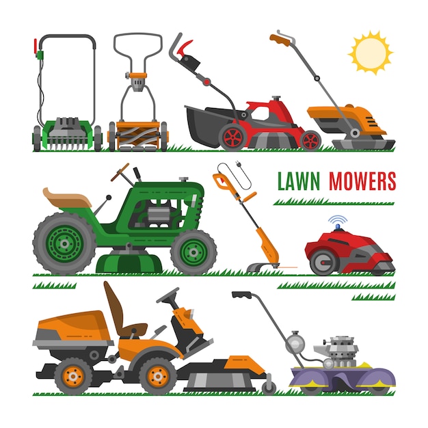 Lawn mower vector gardening lawnmower equipment mowing cutter tool illustration Premium Vector