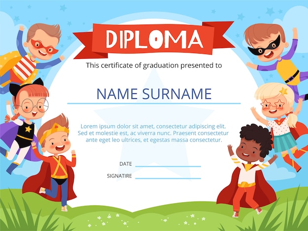 Premium Vector | Layout of children's diploma with cheerful children ...