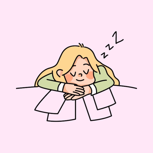 仕事非生産的な労働者かわいい漫画イラストで寝ている怠惰な女の子 プレミアムベクター