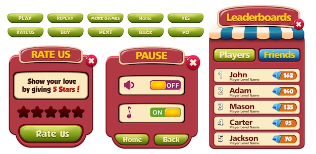 Leader boards, pause and rate us menu pop up screen with stars and button Premium Vector