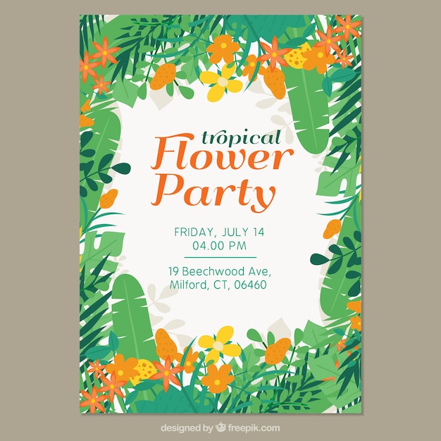 Leaflet of tropical party with leaves and\
yellow and orange flowers