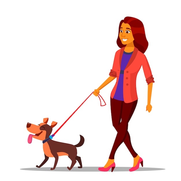 Leash concept . woman walking with dog on leash. Premium Vector