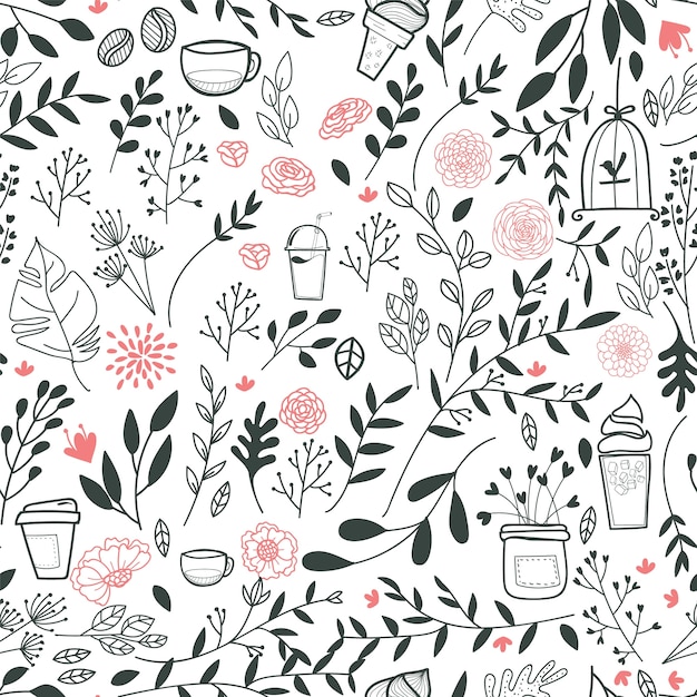 Leaves and drinks pattern background