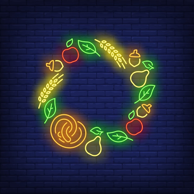Leaves, apples, acorns, pears, pretzel and ears frame neon sign Free Vector